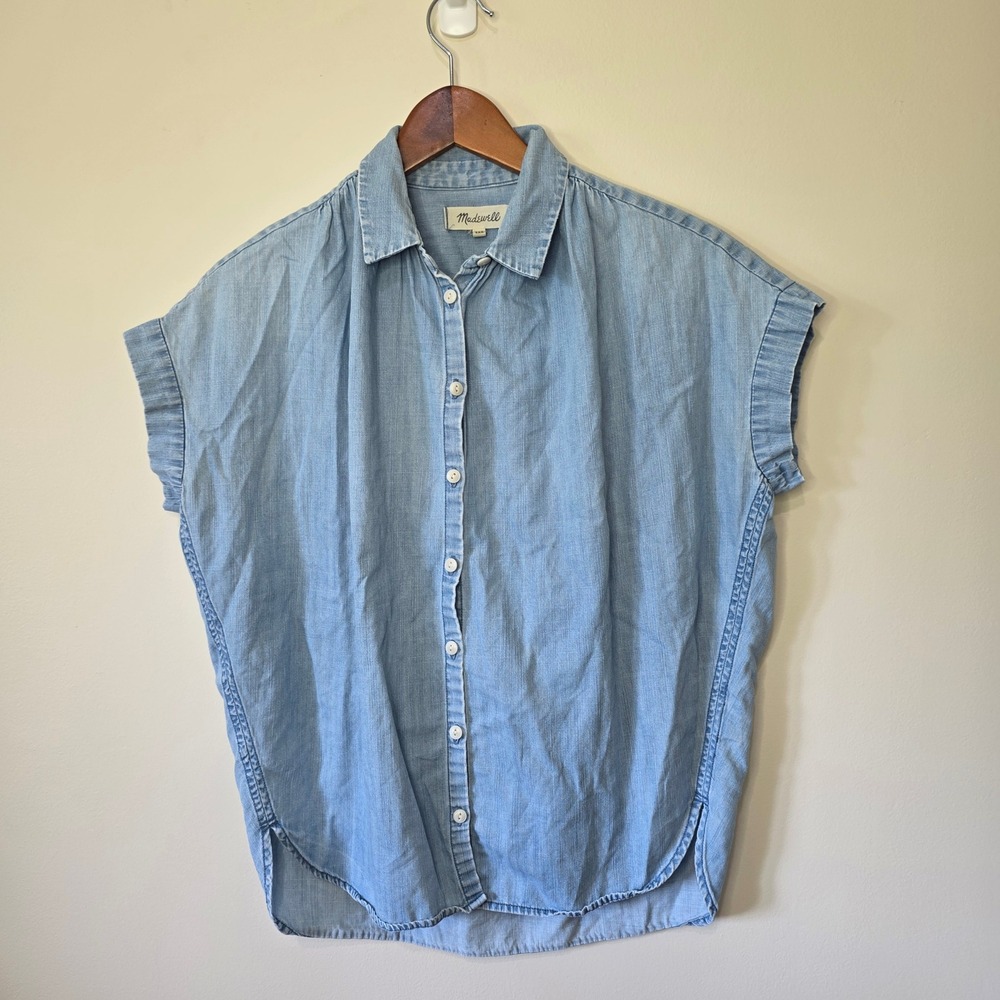 Madewell Denim Shirt Women XXS Light Blue Button Down Cap Sleeve Casual Coastal